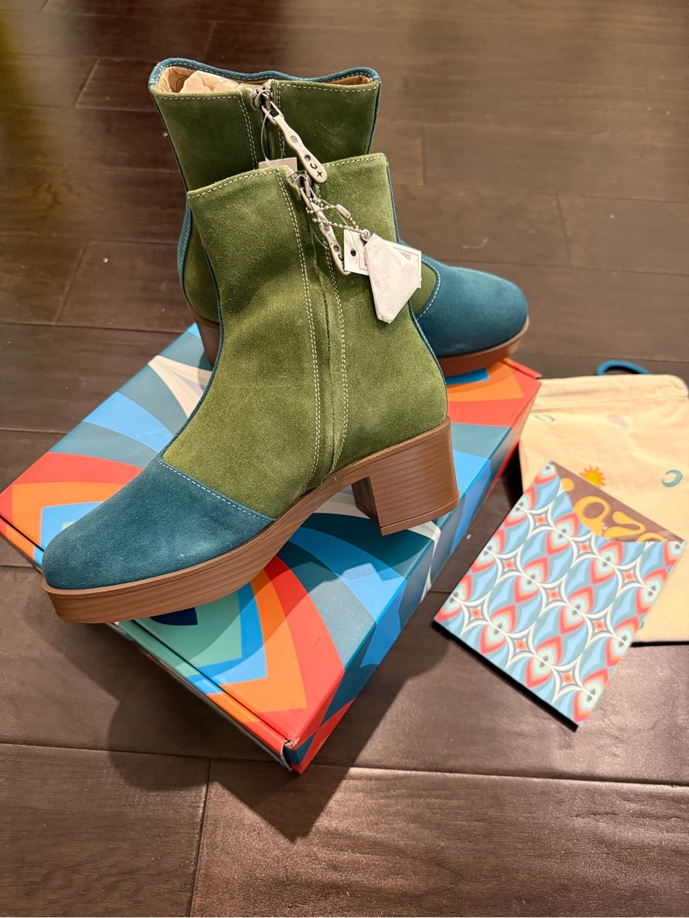 Two-Tone Green and Teal Suede Block Heel Booties